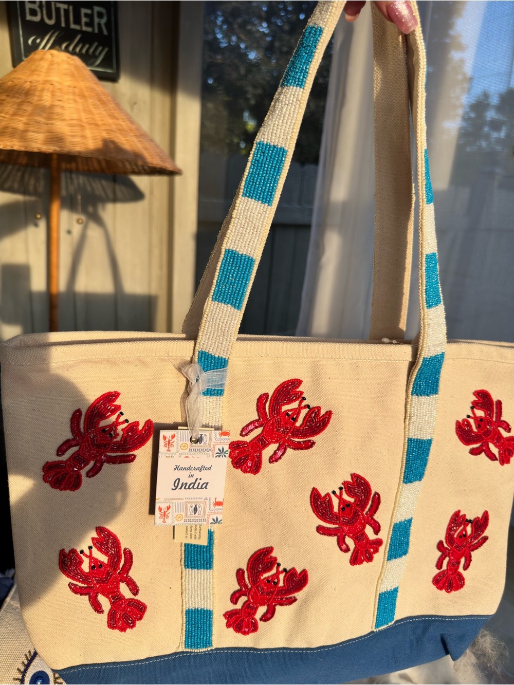 🦞 Handcrafted in India Beige Canvas Tote with LOTS of Red beaded lobsters! 🦞